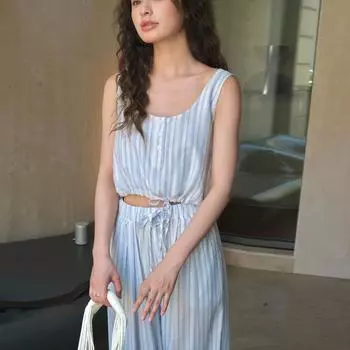 Johnature Летние корейские версии курортных полосатых жилетов повседневные простые завязки короткие повседневные топы для женщин S синий