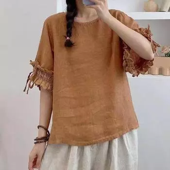 Johnature летние льняные женские рубашки с оборками, винтажные свободные однотонные простые женские блузки One Size хаки