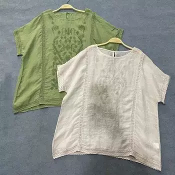 Johnature, летние милые топы с вышивкой, винтажный повседневный дизайн, универсальный пуловер с короткими рукавами, женские рубашки One Size зелёный