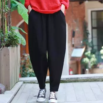 Johnature летние однотонные хлопковые льняные брюки повседневные винтажные свободные брюки с эластичной резинкой средней талии One Size бежевый