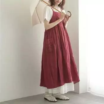 Летние платья Johnature Mori Lace Strap Dresses с вышивкой на японских бретельках, свободные универсальные женские платья One Size чёрный