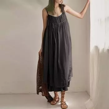 Johnature Летние платья на тонких бретельках, простое однотонное складное универсальное хлопковое свободное женское платье с открытой спиной One Size бежевый