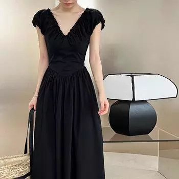 Johnature Летние платья с открытой спиной и v-образным вырезом во французском стиле, женское простое повседневное плиссированное длинное платье без рукавов S чёрный