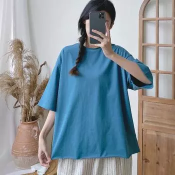Johnature Летние повседневные однотонные простые женские топы универсальные свободные женские футболки с круглым вырезом и короткими рукавами One Size синий