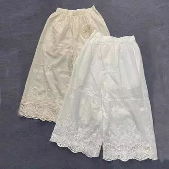 Johnature летние повседневные женские широкие брюки Mori с эластичной резинкой на талии и кружевом свободные однотонные женские брюки до щиколотки One Size бежевый