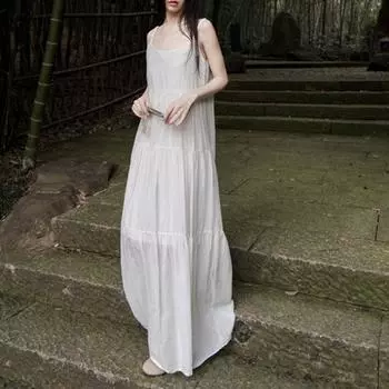 Johnature Летние простые удобные 3-цветные платья на подтяжках, свободные однотонные платья длиной до щиколотки для женщин One Size чёрный