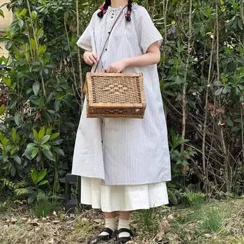 Johnature Летние японские хлопковые платья в полоску с воротником-грибком, повседневные свободные однобортные женские платья Mori