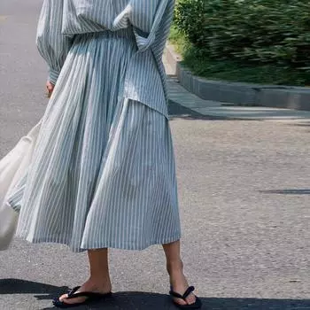 Johnature летние японские ленивые полосатые юбки эластичные свободные повседневные простые свободные юбки женские S синий