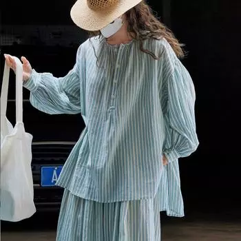 Johnature летние японские полосатые рубашки с воздушными рукавами повседневные простые свободные удобные солнцезащитные кремы нерегулярные хлопковые топы женские