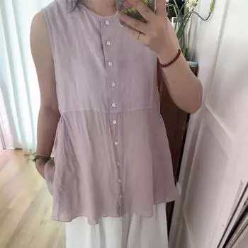 Johnature Летние японские рубашки-жилетки с пуговицами, с круглым вырезом, свободные, повседневные, универсальные, без рукавов, рубашки-бэбидолл One Size хаки