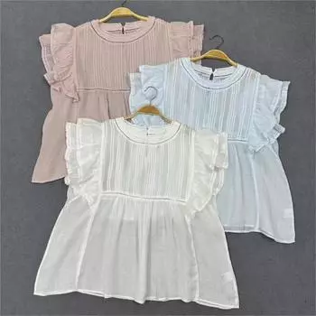 Johnature летние рубашки с короткими рукавами, топ, женские французские винтажные рубашки с круглым вырезом и небольшими рукавами-крылышками One Size