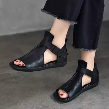 Johnature/летние сандалии на плоской подошве с открытым носком, женская обувь на мягкой подошве с ремешком из натуральной кожи и пряжкой для отдыха 40 чёрный