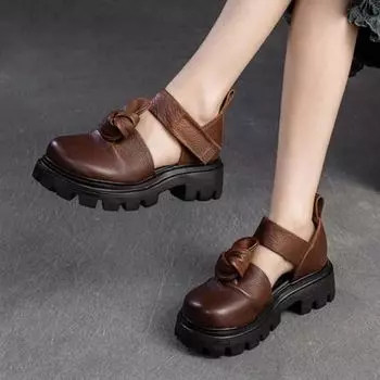 Johnature/летние сандалии в стиле ретро на толстой подошве, удобная универсальная женская обувь с круглым носком из натуральной кожи 35 чёрный