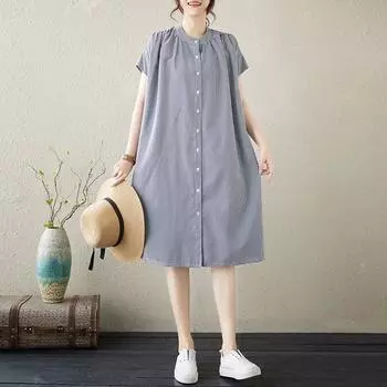 Johnature Летние свободные тонкие рубашки с приспущенным плечом, воротником-стойкой, плиссированной клетчатой рубашкой, повседневные рубашки с коротким рукавом M