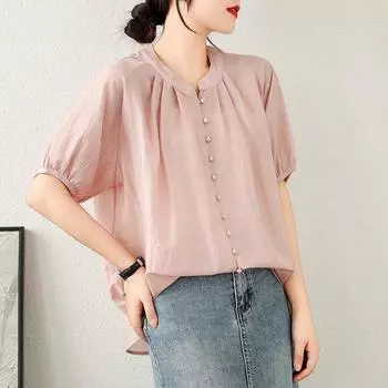 Johnature летние тонкие простые однотонные женские топы повседневные свободные универсальные рубашки с круглым вырезом и короткими рукавами на пуговицах One Size розовый