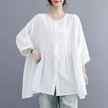 Johnature Летние тонкие простые однотонные женские топы повседневные свободные нерегулярные рубашки с коротким рукавом с круглым вырезом One Size белый
