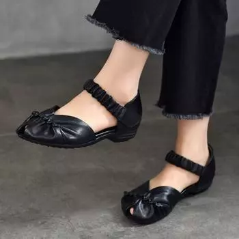 Johnature Летние универсальные сандалии на плоской подошве с открытым носком. Женская обувь на низком каблуке из натуральной кожи для отдыха на мягкой подошве. 36 чёрный