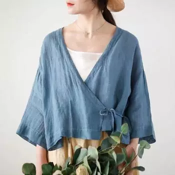 Johnature летние винтажные клетчатые хлопковые женские топы на шнуровке Mori повседневные универсальные свободные женские рубашки One Size бежевый