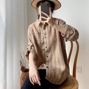 Johnature летние винтажные полосатые женские рубашки повседневные с отложным воротником свободные длинные рукава хитовые цвета женские блузки