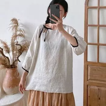 Johnature летние винтажные рубашки повседневные с круглым вырезом и галстуком с половиной рукава простые повседневные универсальные свободные женские блузки