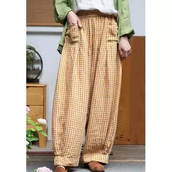 Johnature/летние женские модные льняные шаровары с решетками, повседневные свободные эластичные брюки в винтажном стиле