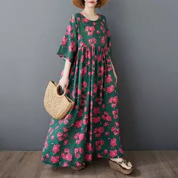 Johnature Летние женские напечатанные круглые вырезы на плечах рукава платья женские повседневные свободные удобные женские платья One Size зелёный