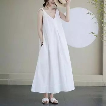 Johnature Летние женские платья повседневные свободные платья в стиле морского курорта с V-образным вырезом и подтяжками тонкие платья без рукавов M белый