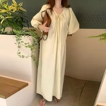 Johnature Летний дом Повседневный слоеный рукав Платье Корейский сплошной цвет Галстук Свободные простые женские платья One Size белый