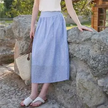Johnature летняя синяя полосатая юбка, женские простые свободные эластичные талии, универсальные французские пасторальные женские юбки