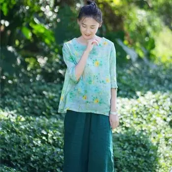 Johnature летняя женская льняная футболка с круглым вырезом и принтом, винтажная свободная повседневная футболка в китайском стиле с половиной рукавом