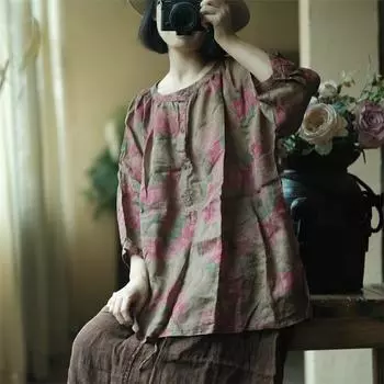 Johnature летняя женская льняная рубашка с круглым вырезом в винтажном стиле, свободная рубашка с короткими рукавами и цветочным принтом One Size кофейный