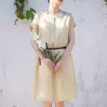 Johnature летняя женская льняная свободная повседневная рубашка с короткими рукавами, однотонная винтажная однобортная рубашка с круглым вырезом One Size бежевый