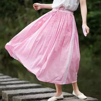 Johnature летняя женская льняная юбка с эластичным поясом модная однотонная винтажная повседневная юбка на шнурке