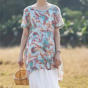 Johnature летняя женская модная льняная футболка с круглым вырезом и принтом в китайском стиле, винтажная свободная футболка с короткими рукавами One Size светло-синий