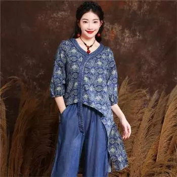 Johnature летняя женская винтажная хлопковая льняная футболка три четверти с принтом, ниша, дизайн, нерегулярная футболка L темно-синий