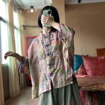 Johnature летняя женская винтажная льняная рубашка в китайском стиле с цветочным принтом, свободная ретро рубашка с круглым вырезом и длинными рукавами One Size светло-розовый