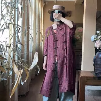 Johnature летняя женская винтажная свободная рубашка с пряжкой в стиле ретро, хлопковая повседневная юбка с круглым вырезом и длинными рукавами с принтом One Size темно-фиолетового