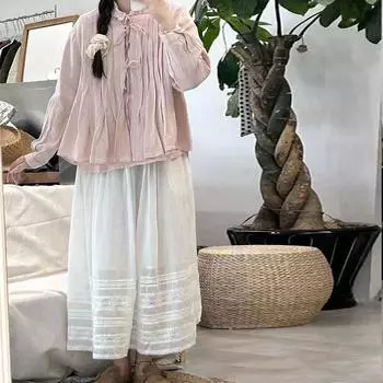 Johnature Лето Осень Японские кружевные панели Чистый Рами Эластичные юбки на завязках Свободные женские юбки Мори One Size