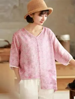 Johnature Лето Ретро Мода Цветочный принт Нерегулярные пуловеры Футболка Простая Удобная Все Матчи Женские Топы One Size розовый