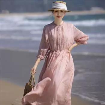 Johnature Личность Половина рукава Свободное повседневное платье А-силуэта Женское летнее винтажное платье с оборками на рукавах S розовый