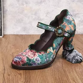 Johnature Ретро Принт Туфли-лодочки Женская Мода Высокий Каблук Туфли Винтаж Цветок Круглый Носок Женская Обувь 36 красный