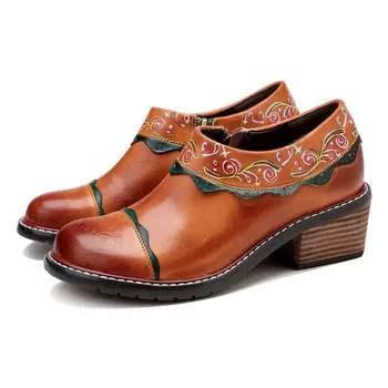 Johnature/лодочки из натуральной кожи, женская обувь, однотонная обувь ручной работы с круглым носком в стиле ретро, обувь для отдыха на толстом каблуке 36 коричневый