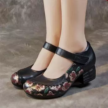 Johnature/лодочки с принтом в этническом стиле, универсальная женская обувь из натуральной кожи с круглым носком, на толстом каблуке и на мягкой подошве 35 чёрный