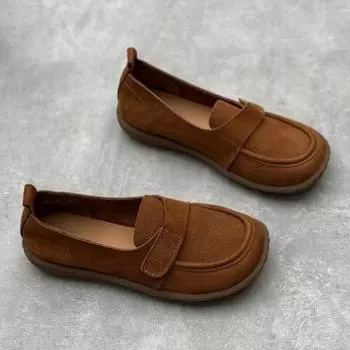 Johnature Лоферы из натуральной кожи на плоской подошве в стиле ретро, женская обувь без шнуровки с круглым носком ручной работы на мягкой подошве 35 коричневый