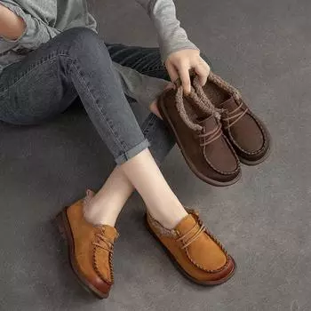 Johnature Лоферы на плоской подошве в стиле ретро с круглым носком, удобные плюшевые теплые женские туфли без шнуровки из натуральной кожи 37 кофейный