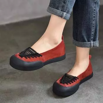 Johnature/лоферы ручной работы в стиле ретро, туфли на плоской подошве из натуральной кожи, повседневная женская обувь без шнуровки на мягкой подошве с круглым носком 35 красный