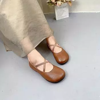 Johnature Лоферы в стиле ретро из натуральной кожи на мелкой плоской подошве, удобная универсальная женская обувь с круглым носком и мягкой подошвой 35 верблюд