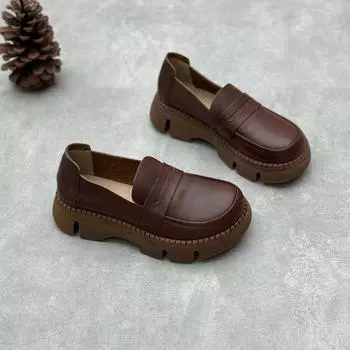 Johnature/лоферы в стиле ретро, туфли ручной работы на платформе из натуральной кожи, повседневная универсальная женская обувь из мягкой воловьей кожи с круглым носком 35 абрикосовый