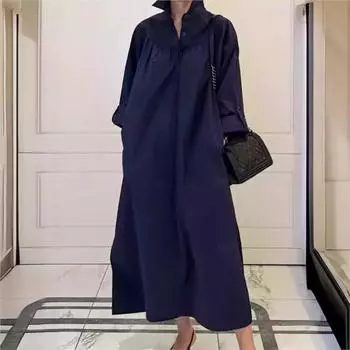Johnature Платье-рубашка с длинным рукавом для женщин в корейском стиле, свободная повседневная рубашка на шнуровке, простые однотонные летние платья S темно-синий
