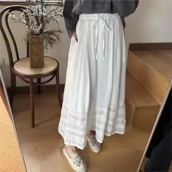 Johnature Loose Skirt Japanese Casual Patchwork Lace Elastic Waist Midi Women Skirts One Size бежевый